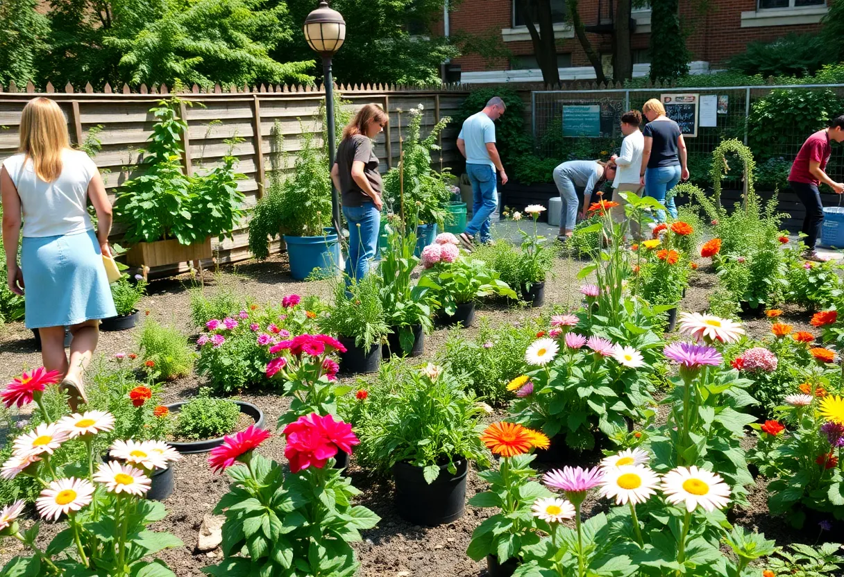 Community garden in New York City with blooming flowers and people gardening.