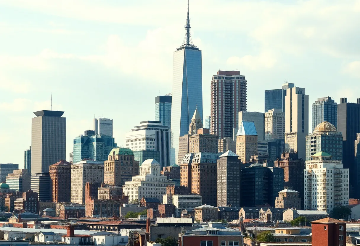 An artistic depiction of the New York City skyline highlighting the contrast between luxury apartments and affordable housing options.