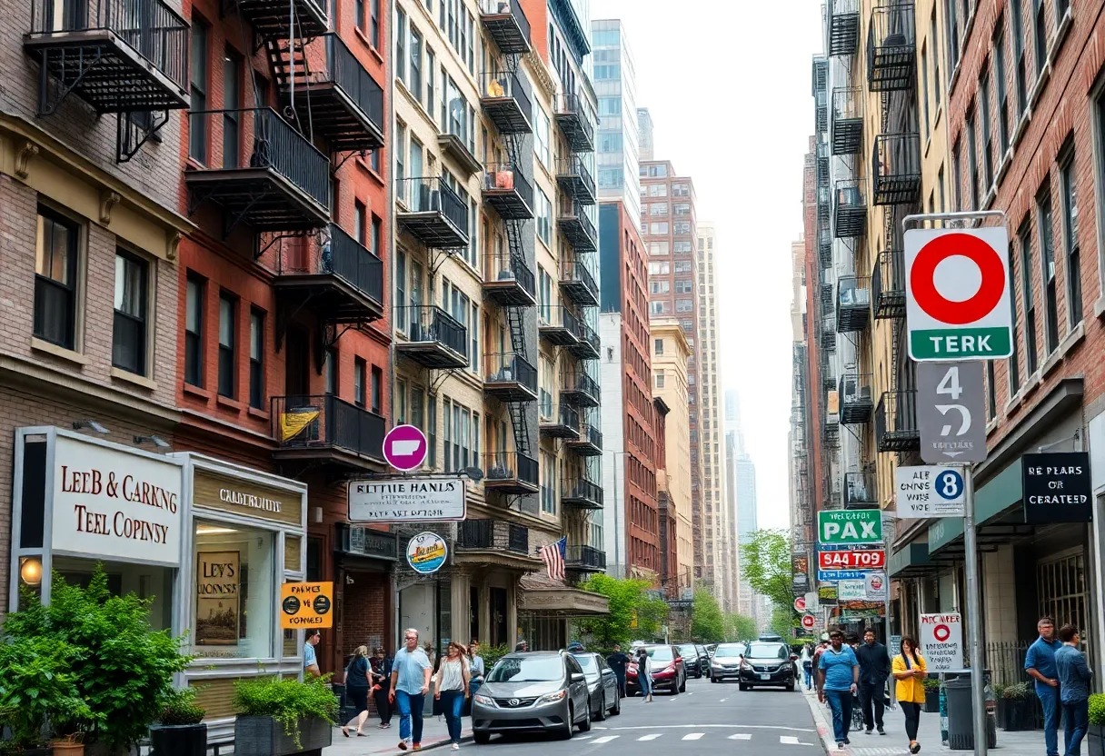 A bustling street in New York City illustrating housing diversity.