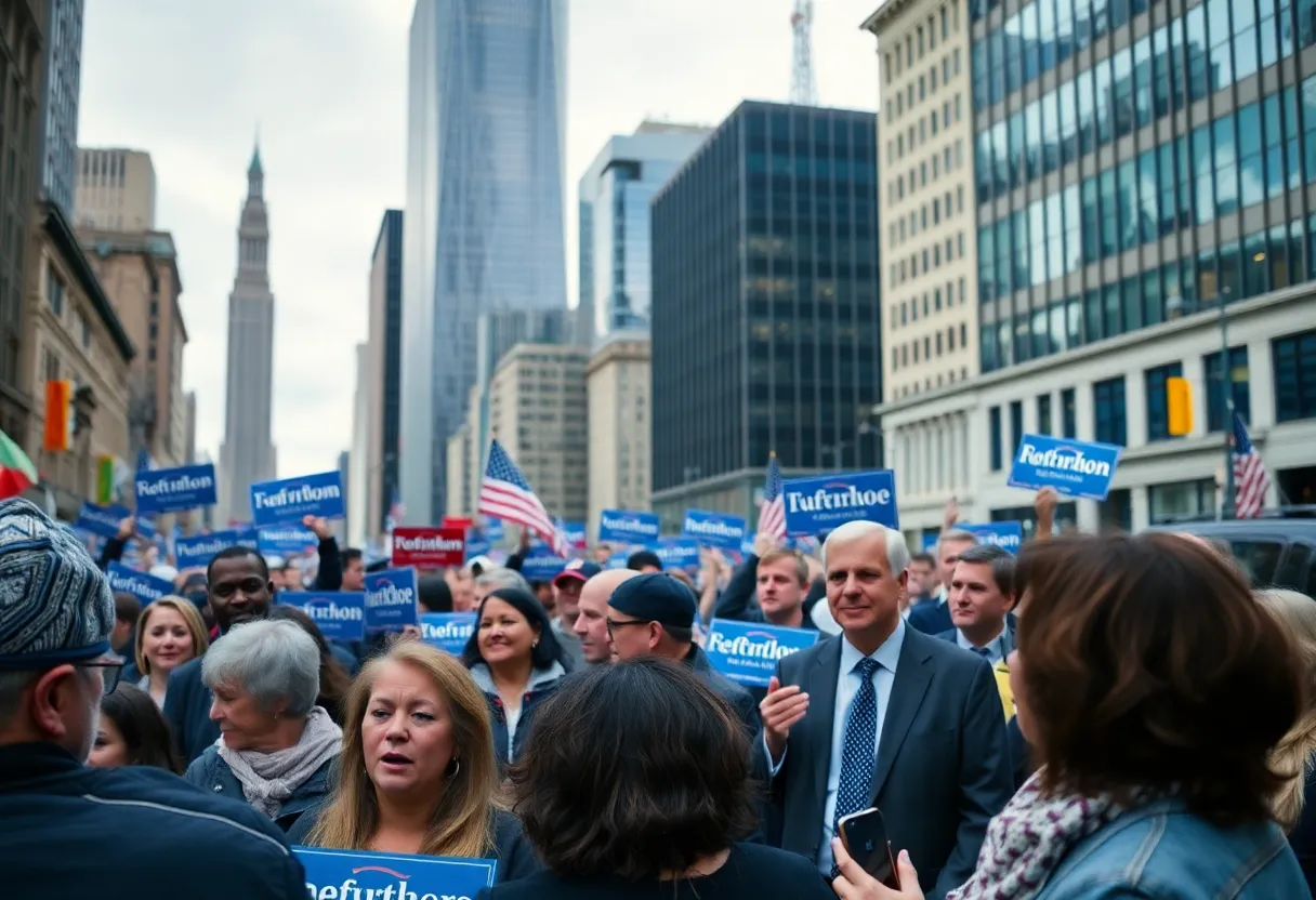 Campaign scene from NYC mayoral election featuring candidates and voters.