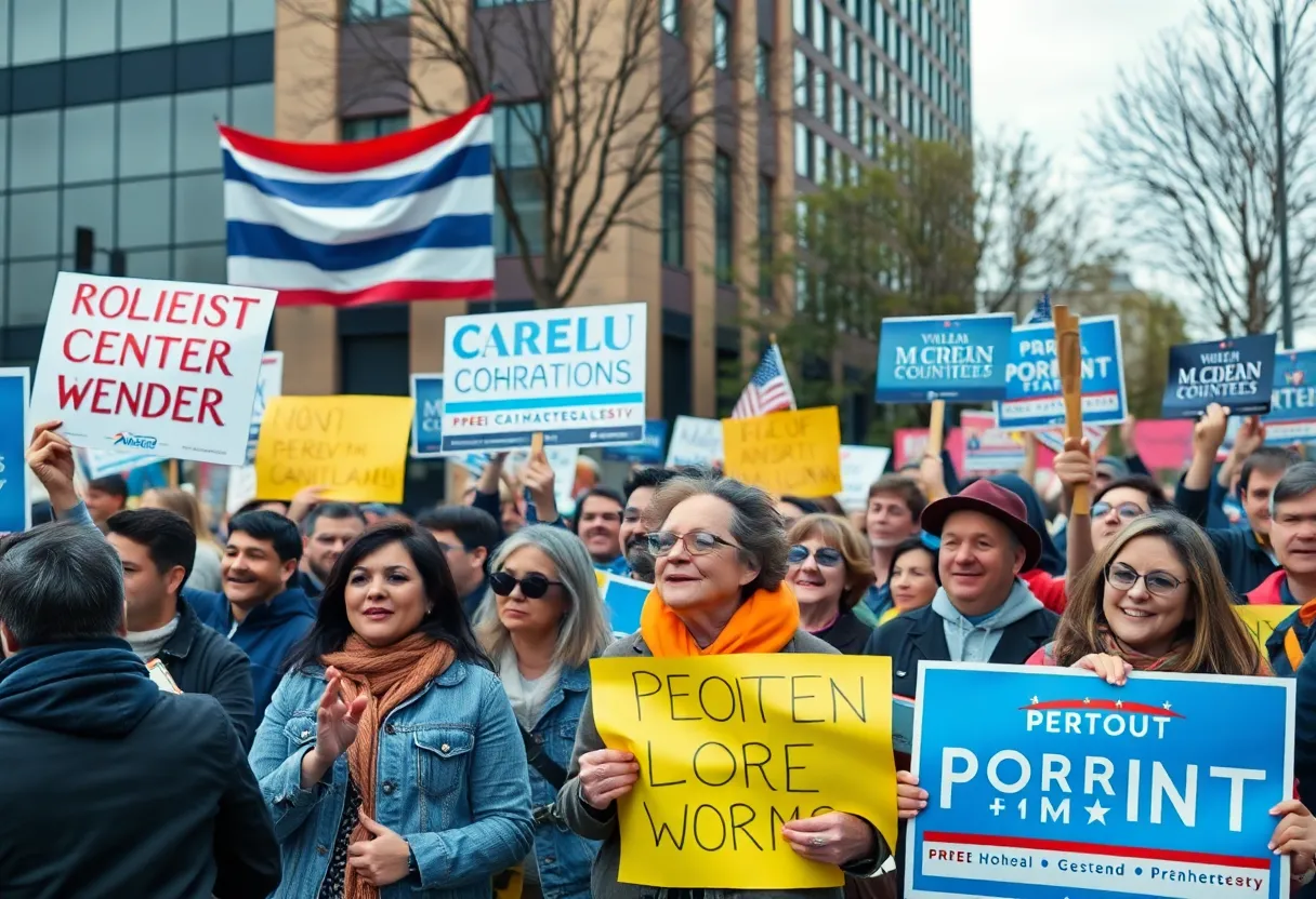 Crowd at a political rally in New York City showing support for mayoral candidates.