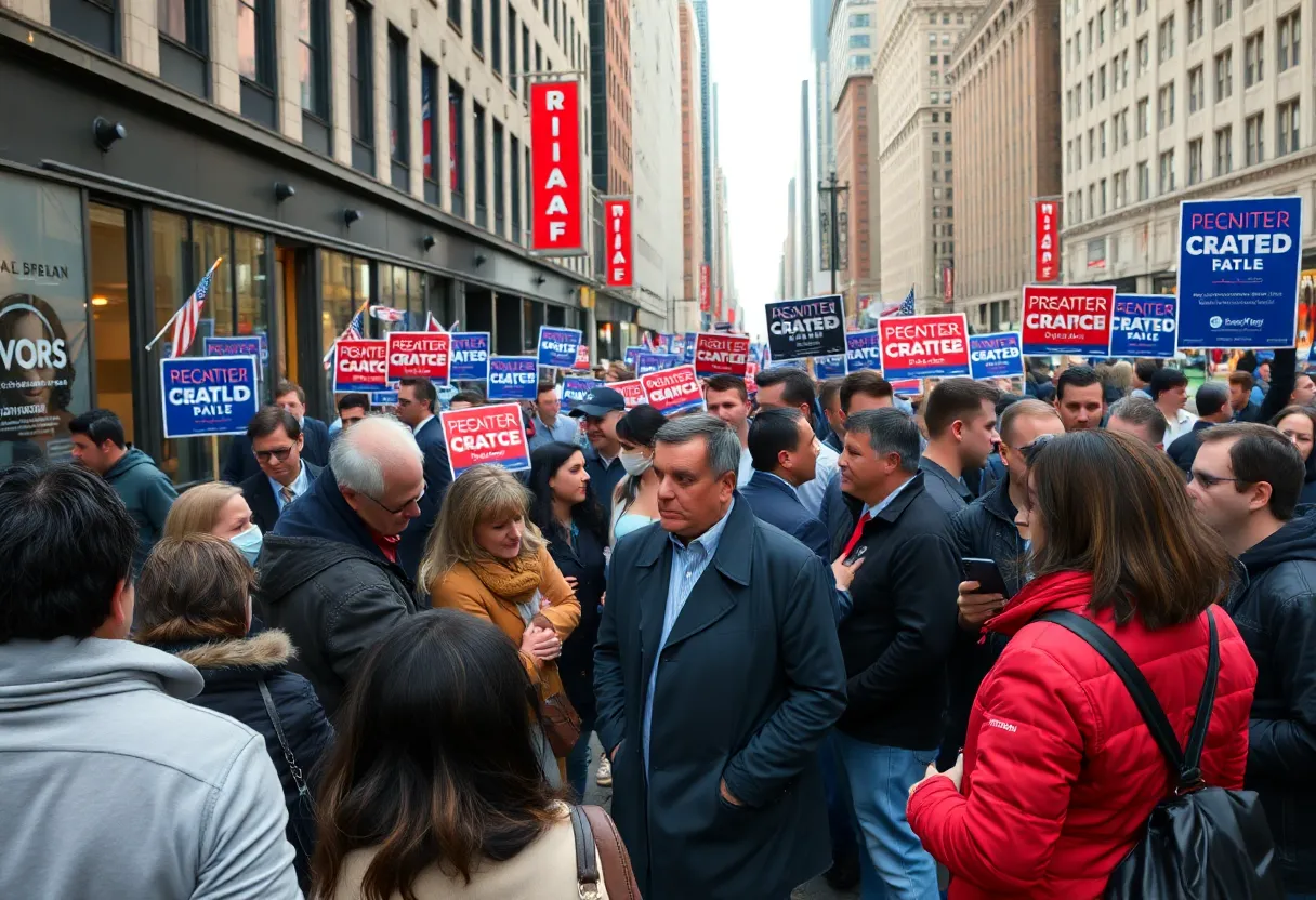 People discussing politics on a busy New York City street