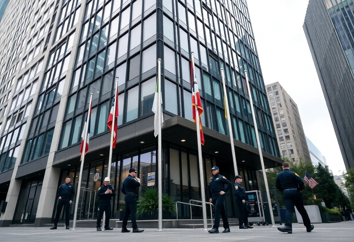 Police presence and flags at half-mast outside a high-rise office building in NYC.