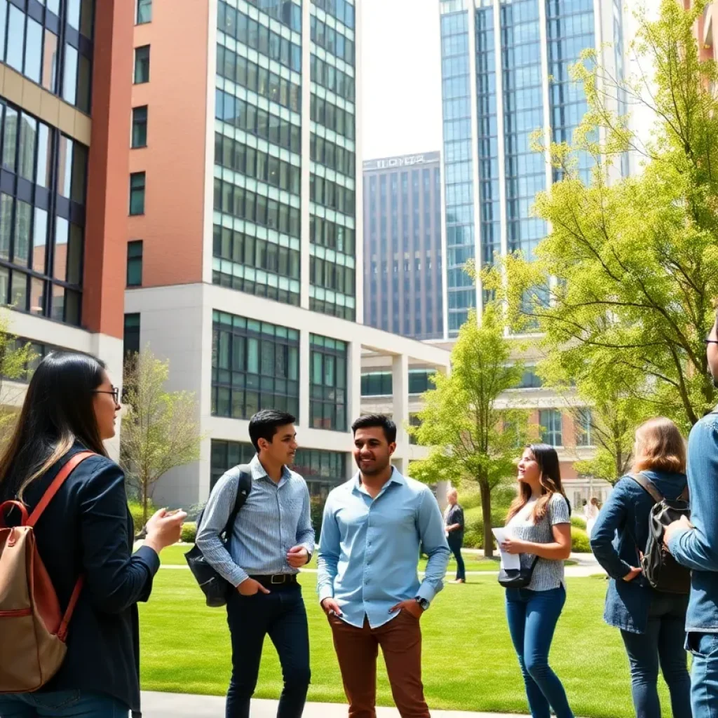 Students on the NYU Stern campus interacting and studying.