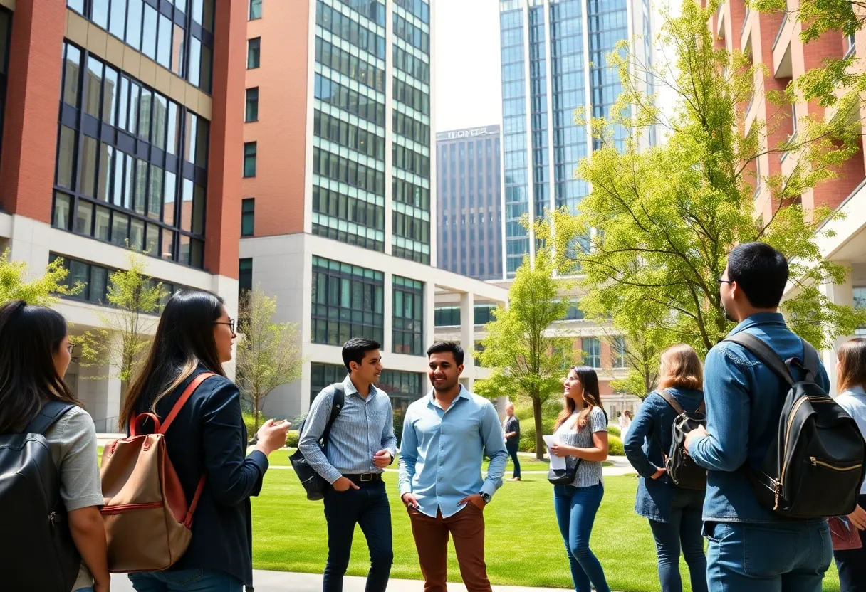 Students on the NYU Stern campus interacting and studying.
