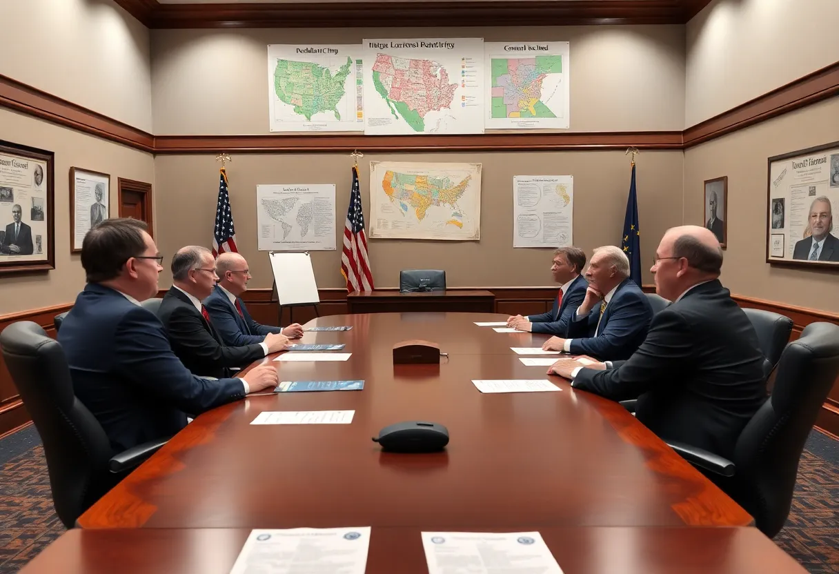 Lawmakers discussing redistricting strategies in a meeting