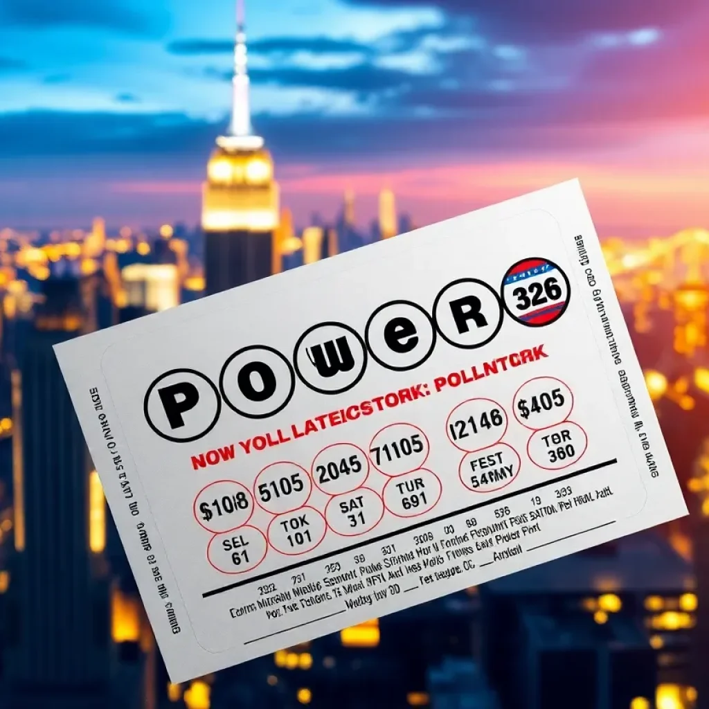 A Powerball ticket in front of the New York City skyline