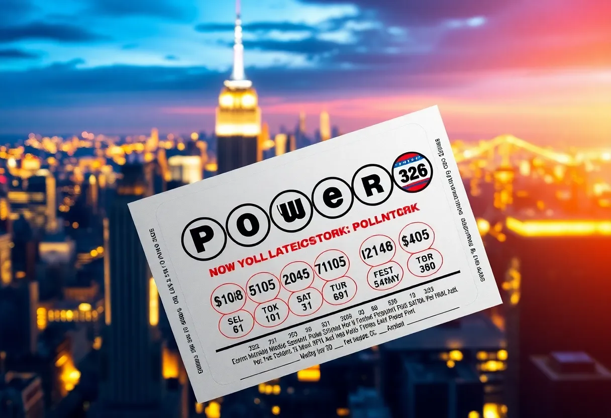 A Powerball ticket in front of the New York City skyline
