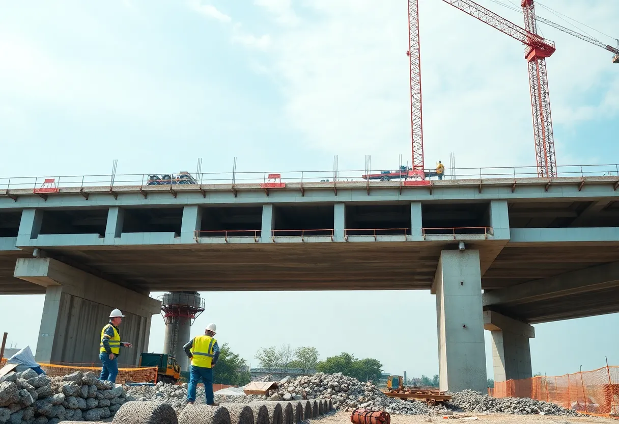 Construction site of a prestressed concrete continuous girder bridge