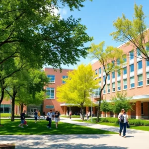 Exterior view of Queens High School for the Sciences with students on campus