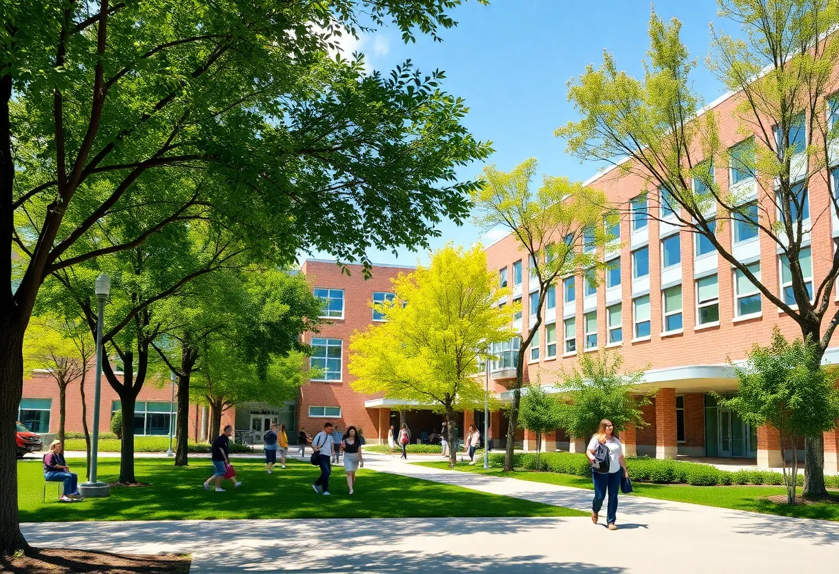 Exterior view of Queens High School for the Sciences with students on campus