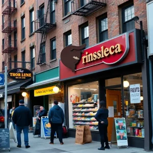 Retail shops along a busy New York City street
