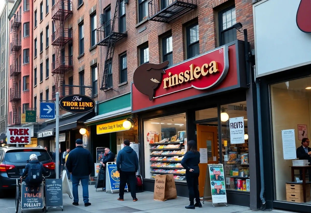 Retail shops along a busy New York City street