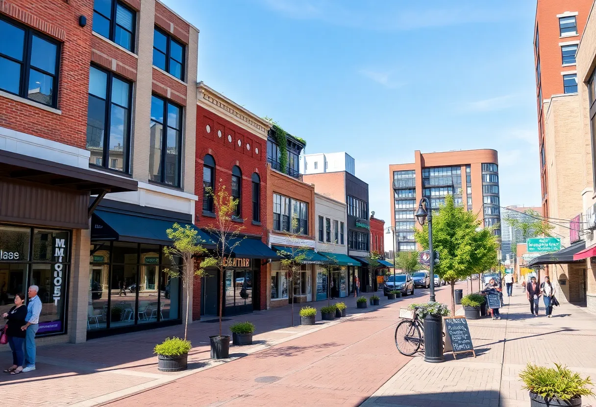 A revitalized downtown area with new businesses and community spaces.