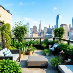 Lush rooftop garden with seating in New York City