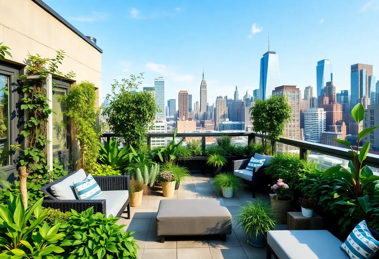 Lush rooftop garden with seating in New York City