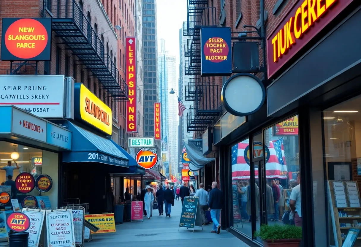 A vibrant New York street filled with diverse small businesses.