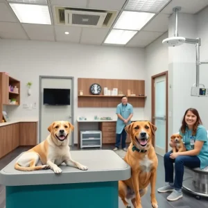 Interior view of a modern veterinary clinic with pets