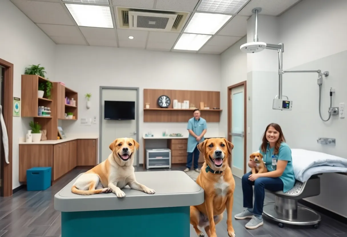 Interior view of a modern veterinary clinic with pets