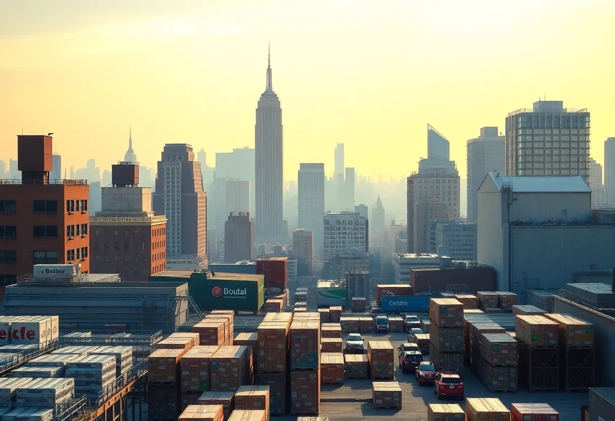 New York City skyline with beverage products displayed