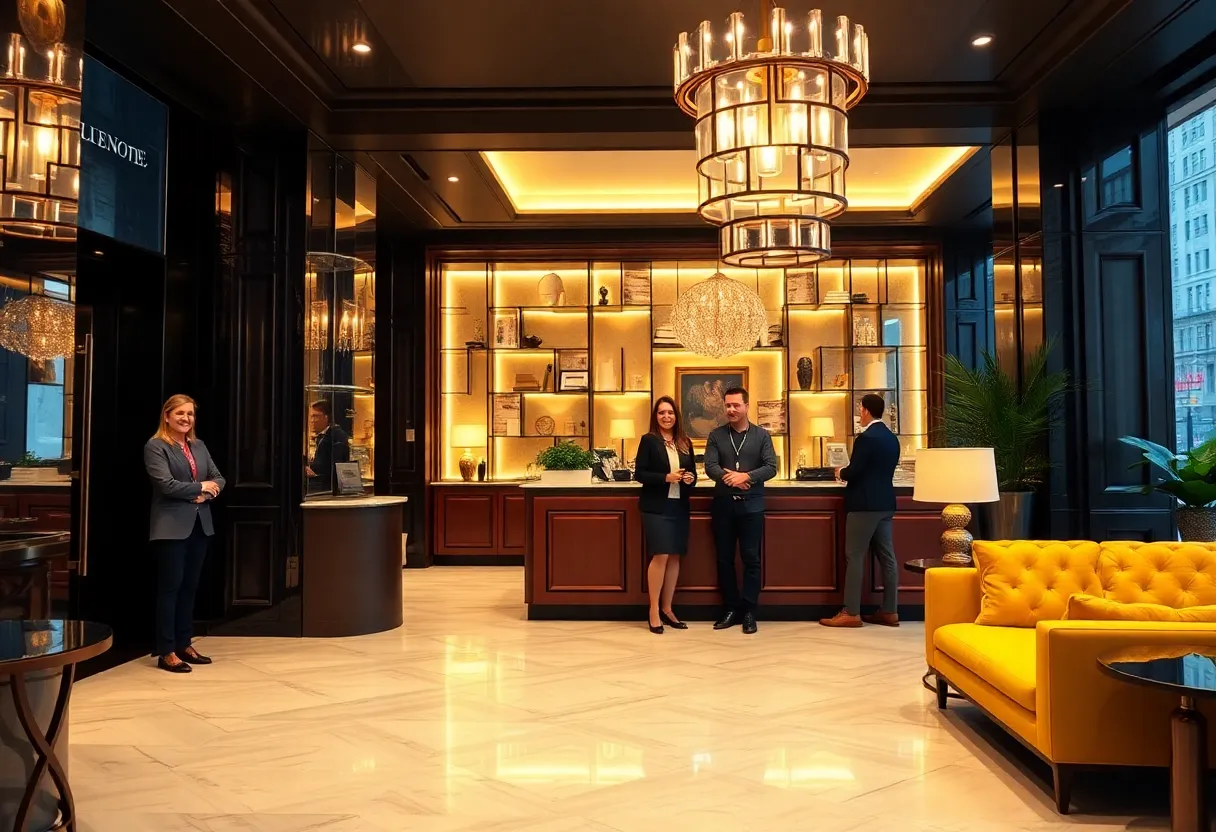 Boutique hotel lobby with stylish decor and welcoming atmosphere in Midtown Manhattan.