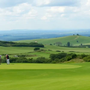 A scenic view of Storm King Golf Club featuring golf players on the course.
