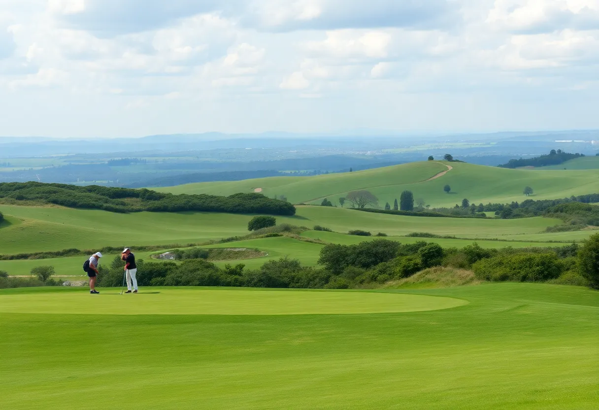 A scenic view of Storm King Golf Club featuring golf players on the course.