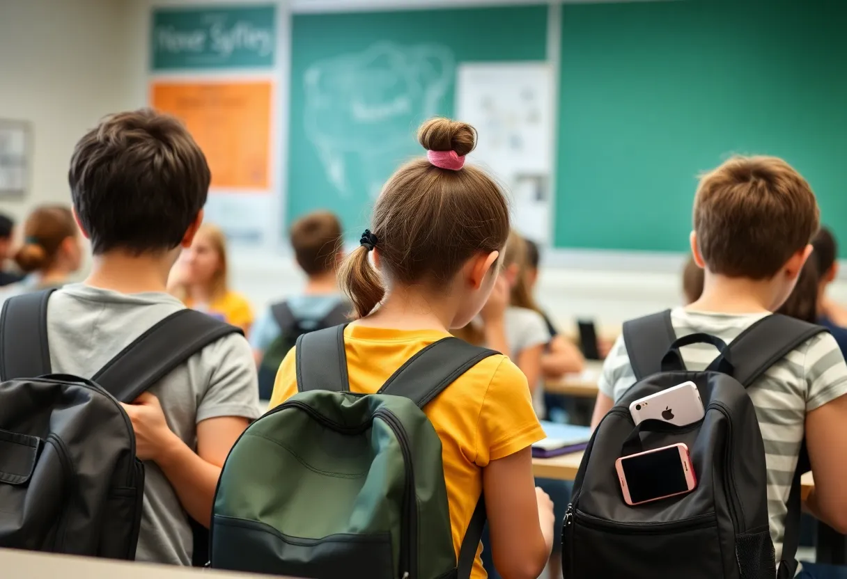Students in a classroom without personal devices