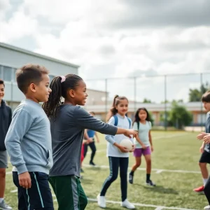 Students practicing sports together after school, representing diversity and teamwork.
