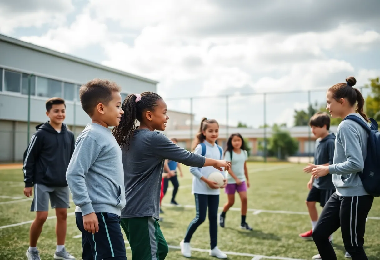 Students practicing sports together after school, representing diversity and teamwork.