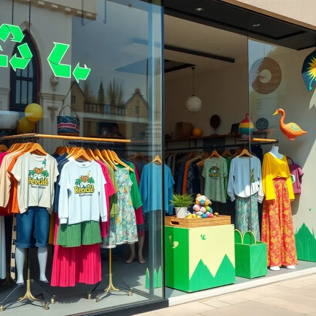 A storefront displaying sustainable fashion clothing and accessories