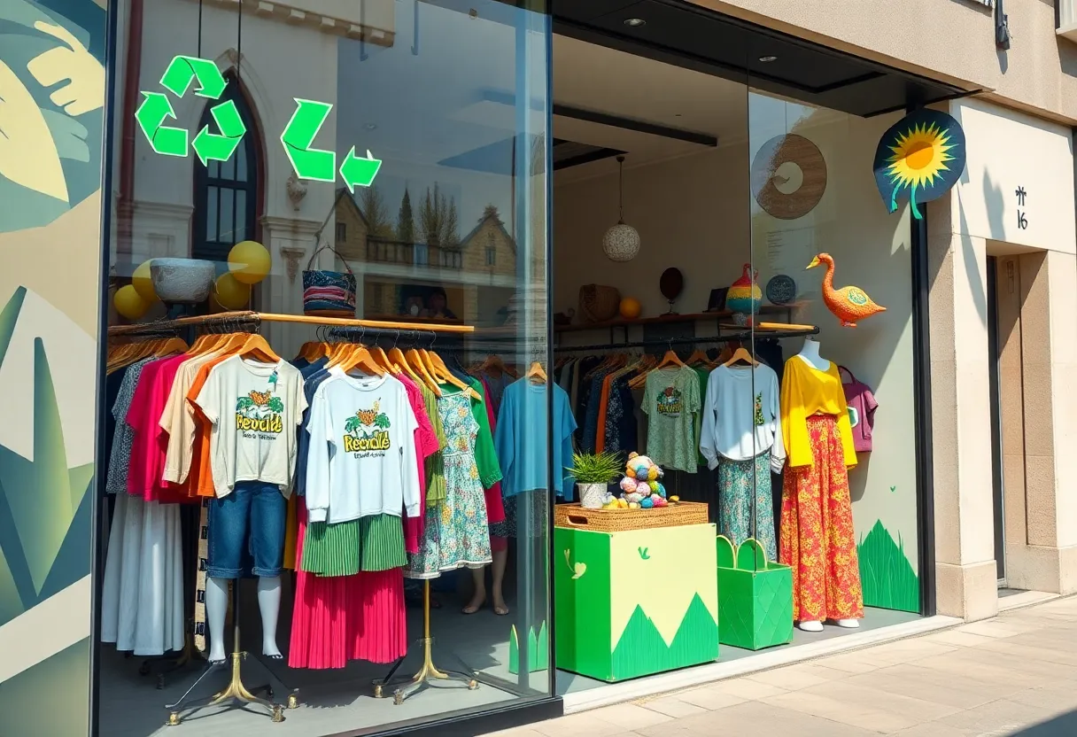 A storefront displaying sustainable fashion clothing and accessories