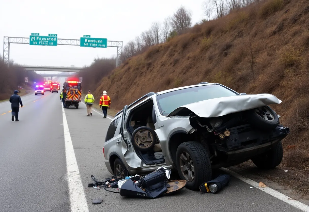 Emergency responders at the scene of a vehicle crash near a creek.