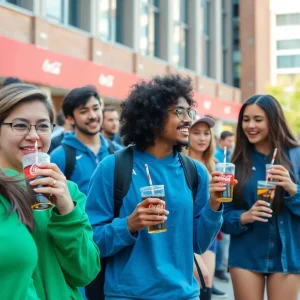 Syracuse University students with Coca-Cola drinks on campus