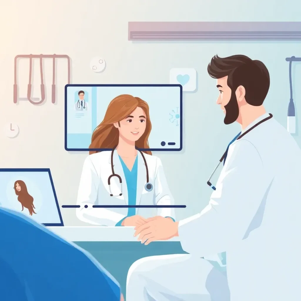 Healthcare provider conducting a telemedicine consultation with a patient on a computer screen.