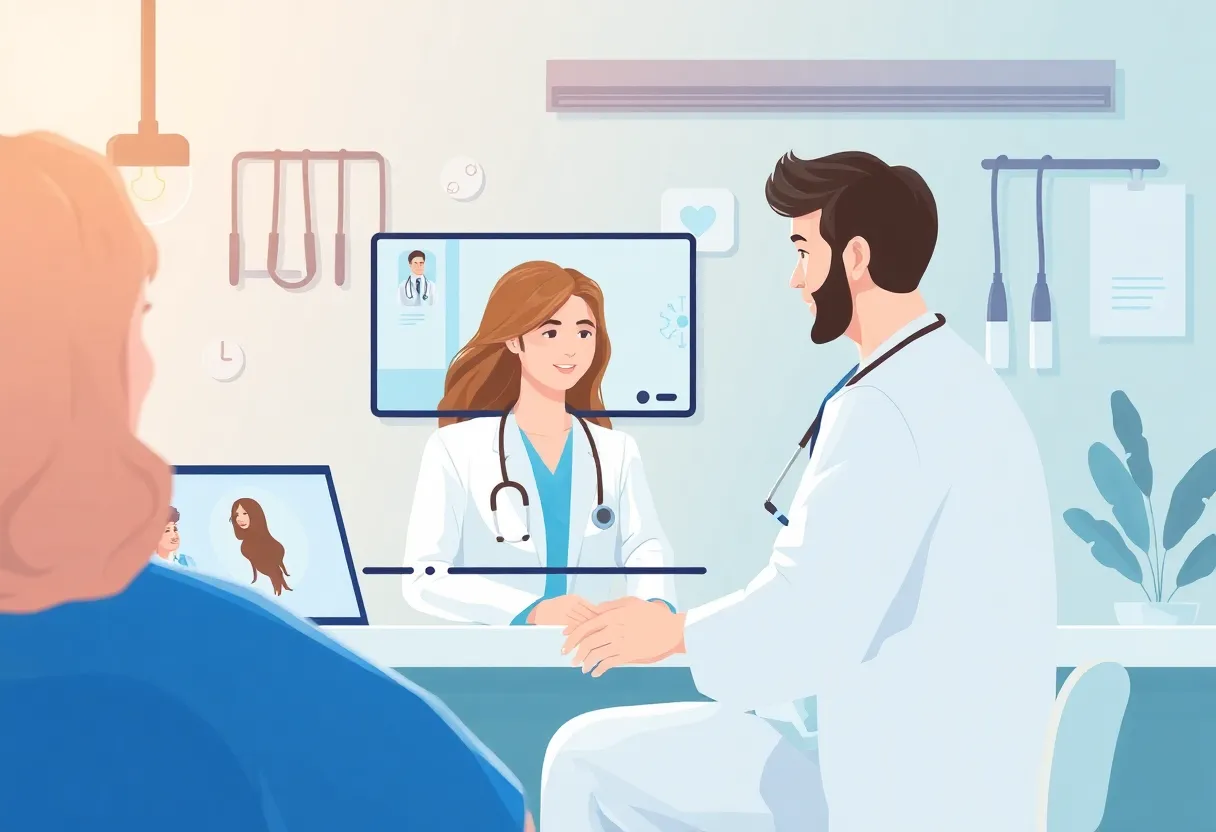 Healthcare provider conducting a telemedicine consultation with a patient on a computer screen.