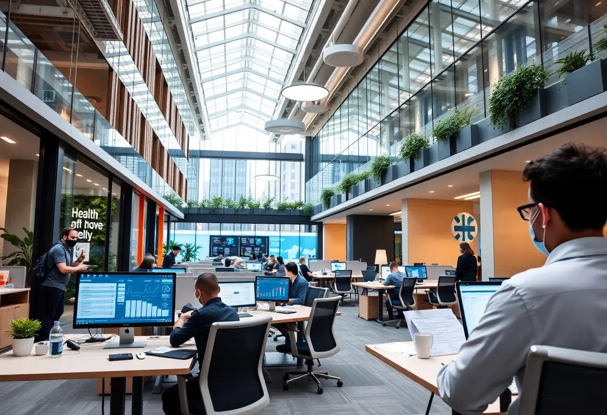 Modern office representing a health-tech company with technology interfaces.