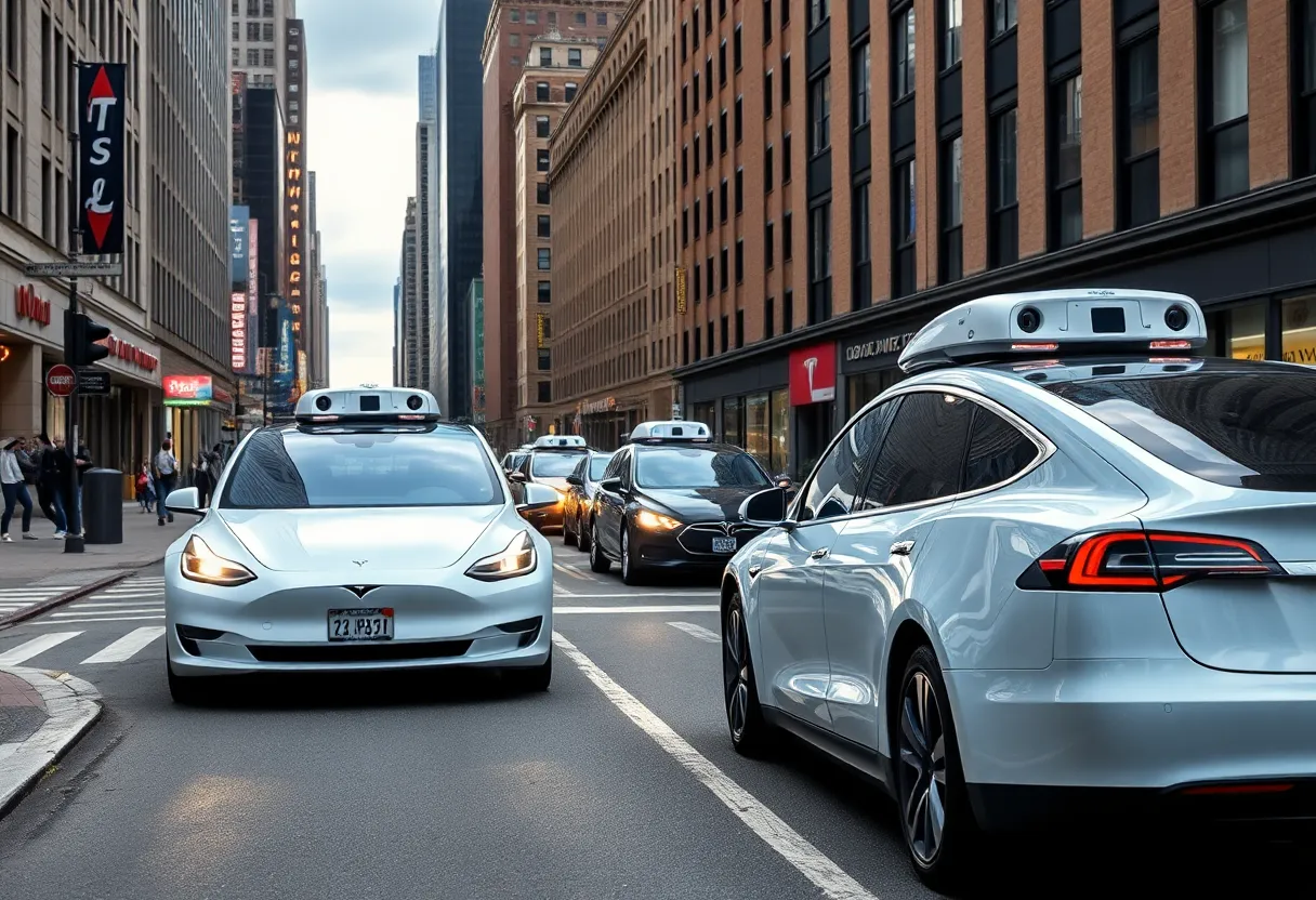 Tesla autonomous vehicles driving on a busy New York City street
