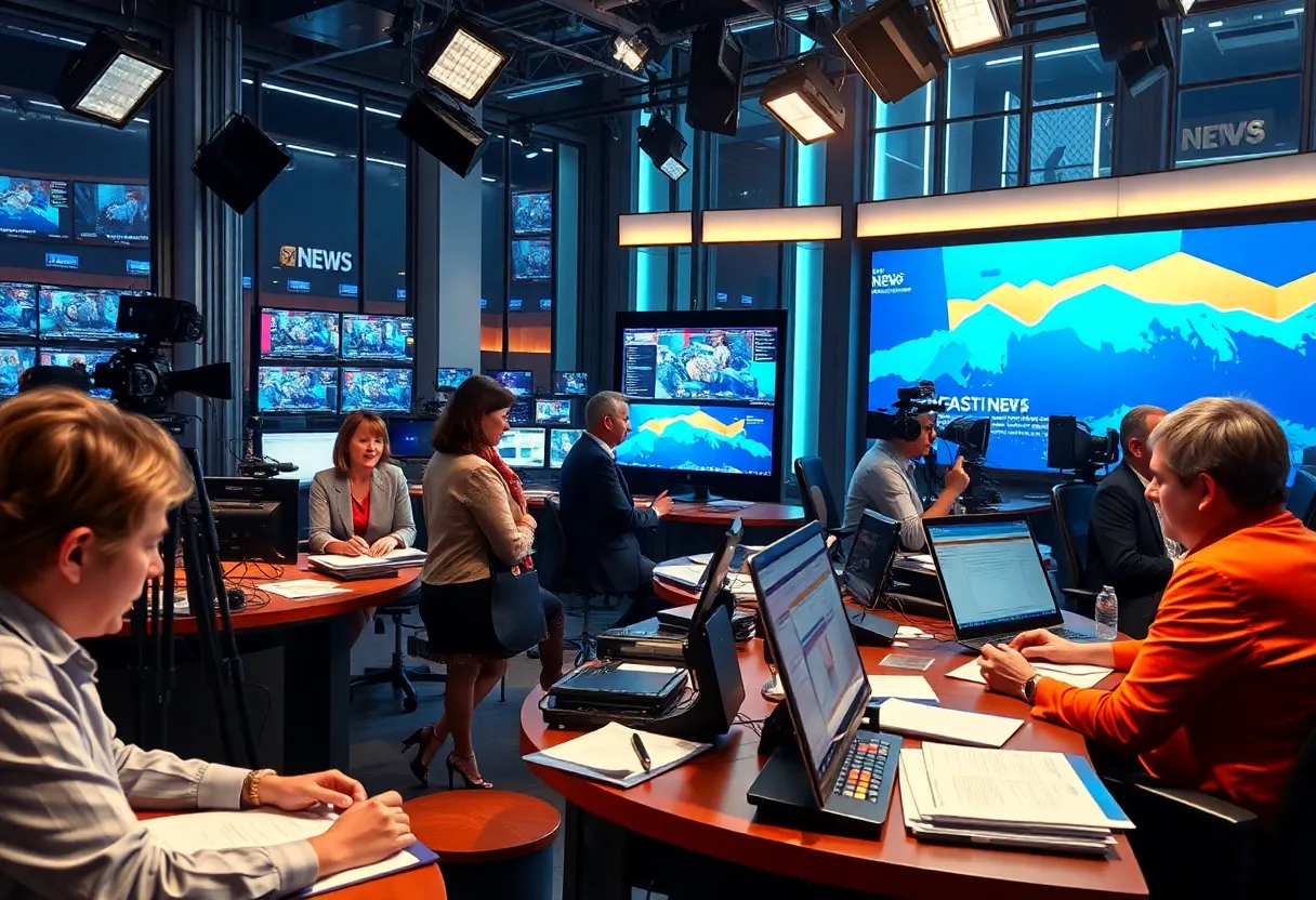Journalists working in a busy Los Angeles newsroom for The California Post.