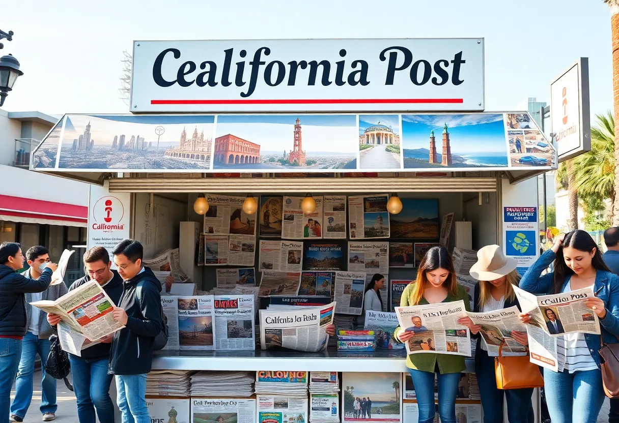 A newspaper stand featuring The California Post in Los Angeles