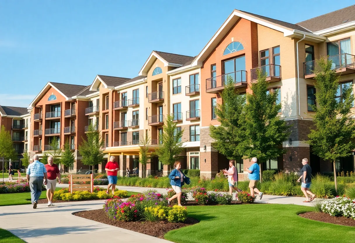 Exterior view of The Goldton at Venice with residents enjoying outdoor activities.