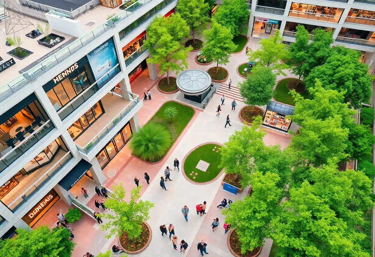 Aerial view of The Shops at Atlas Park showcasing shops and green spaces.