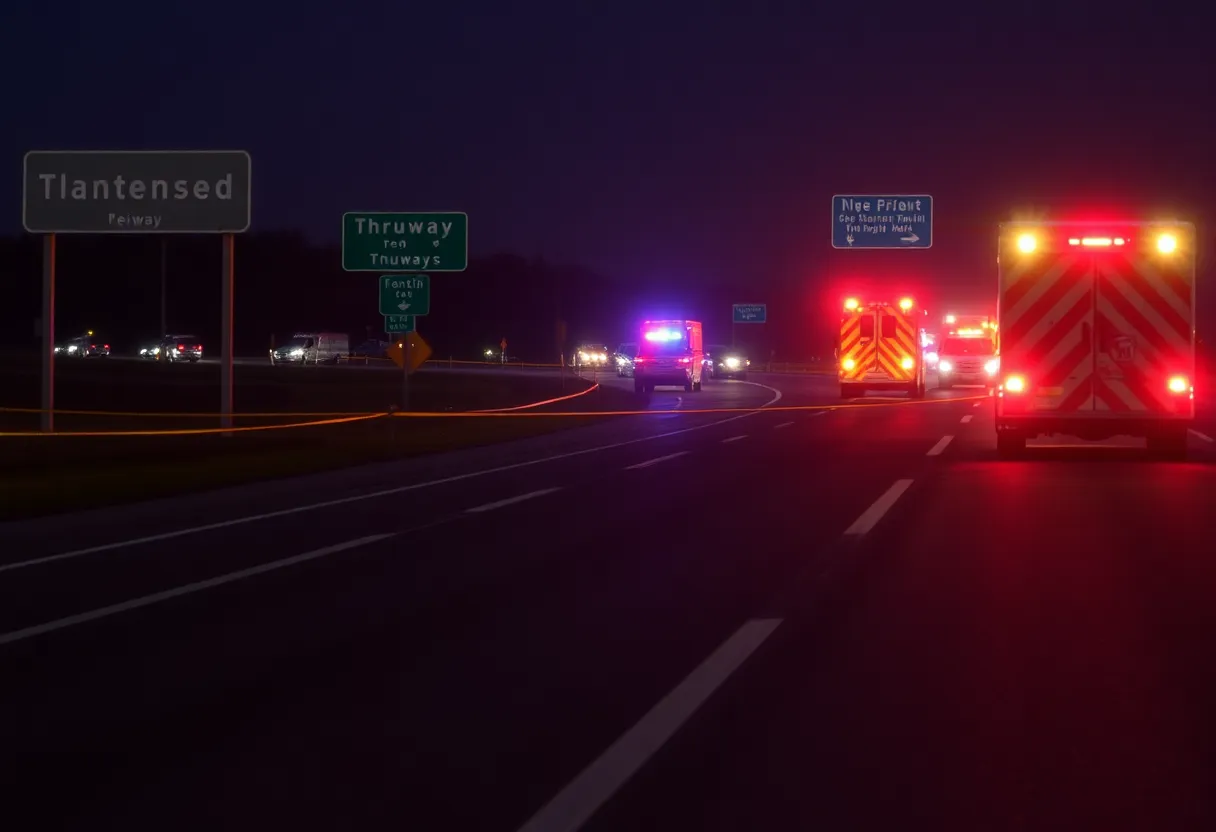 Emergency vehicles on Thruway after a pedestrian incident