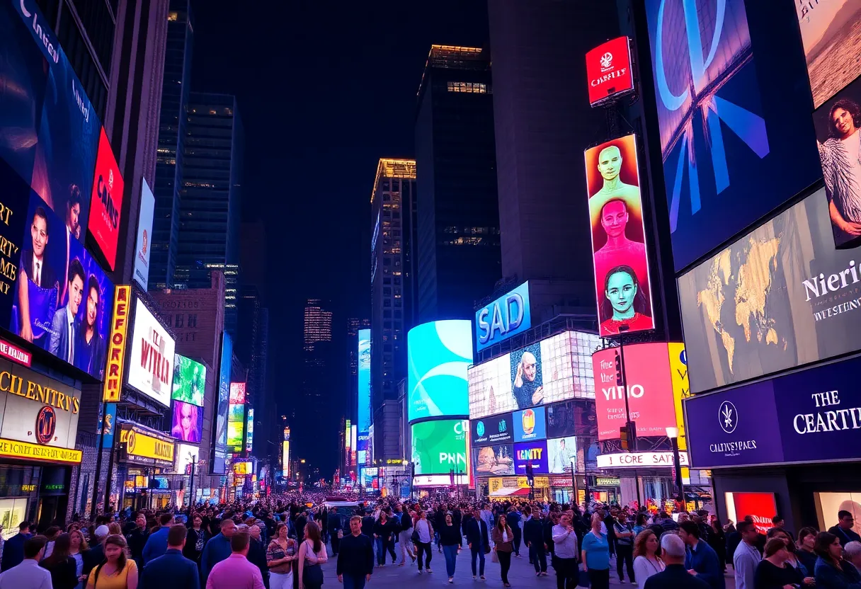 Night view of Times Square with bustling activity and luxury hotels, symbolizing community and cultural vibrancy.