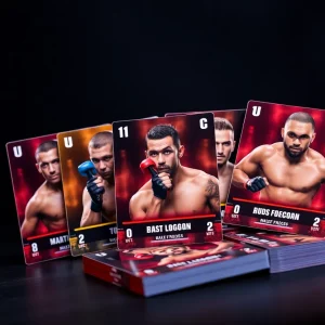 Display of Topps Midnight UFC trading cards featuring various fighters