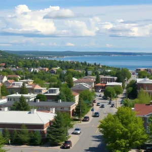 Aerial view of residential areas and a new real estate office in Traverse City.