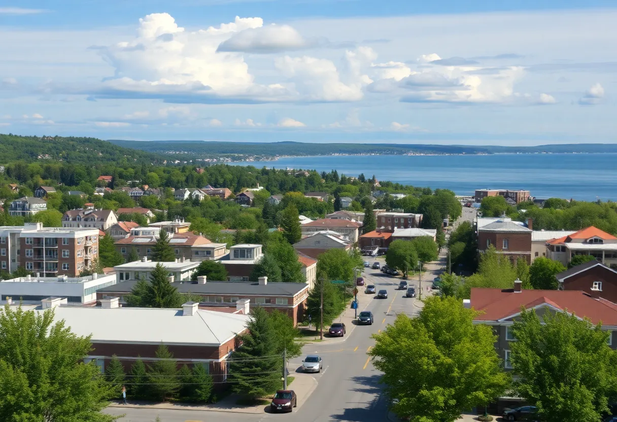Aerial view of residential areas and a new real estate office in Traverse City.