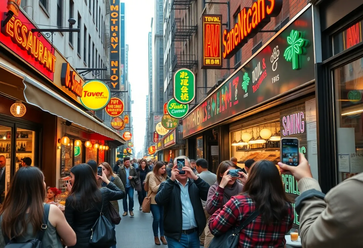 A bustling New York City street with trendy restaurants attracting customers