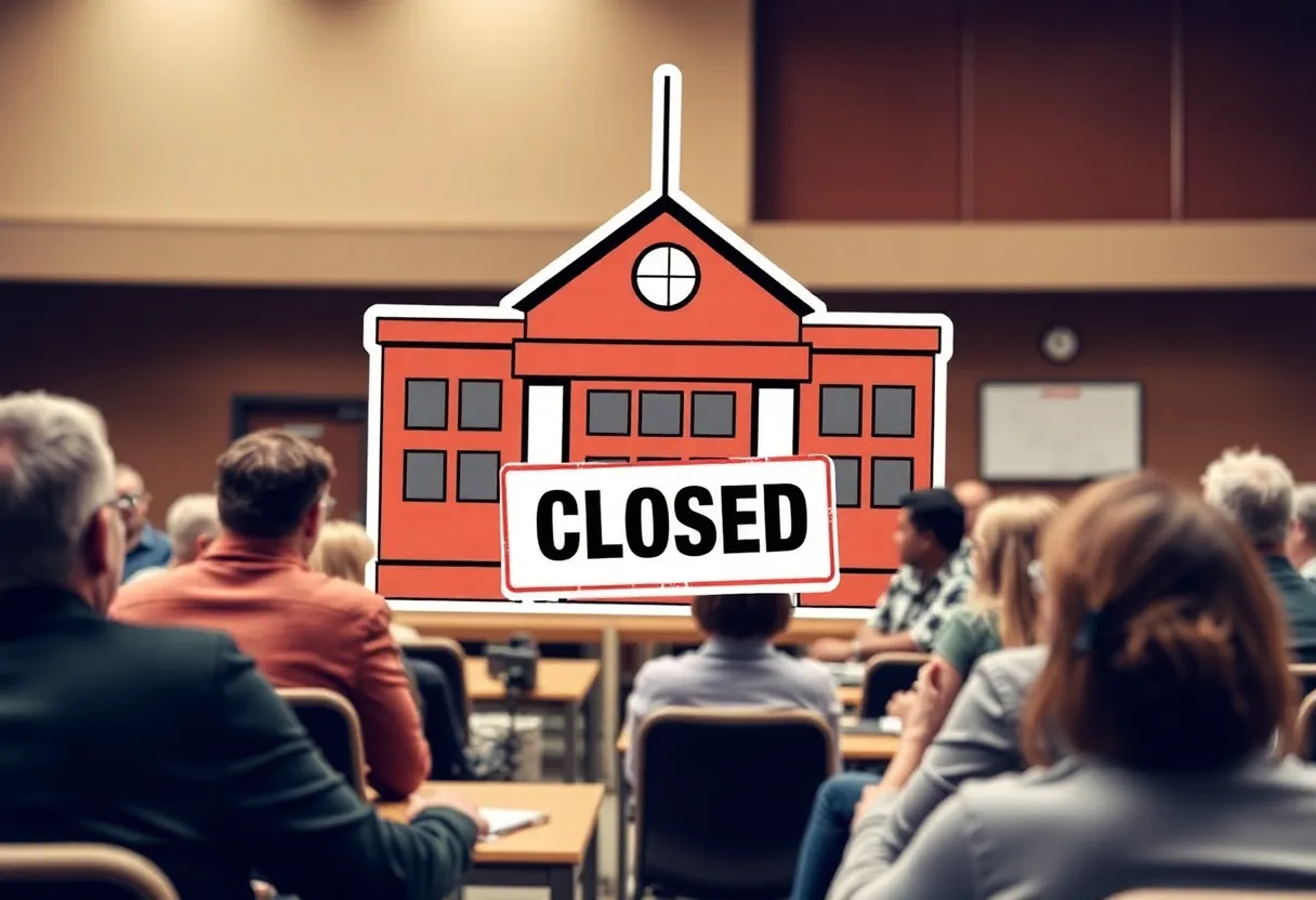 Community members gathered at a meeting discussing school closures.