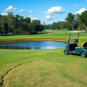 Damaged golf course with tire tracks and a golf cart in a pond